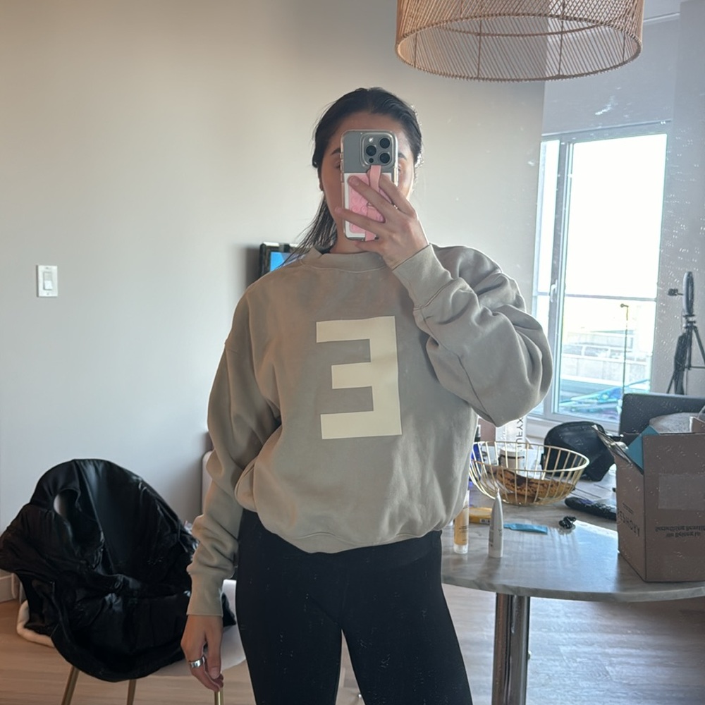 Essentials Beige Crew Neck Sweater with Letter E